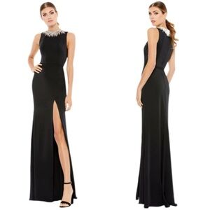Mac Duggal Black Maxi Dress with Silver Embellishments